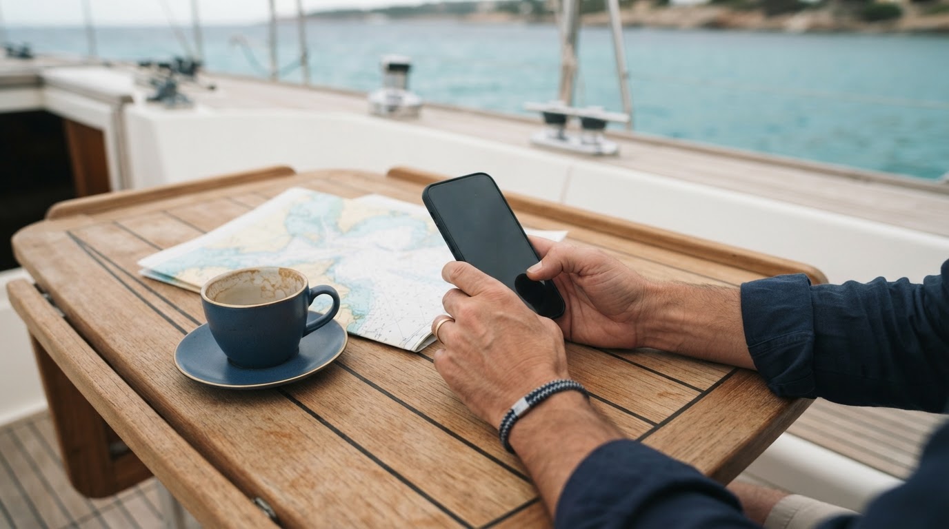 An owner holding a phone on a teak yacht deck table beside a folded chart and a coffee cup